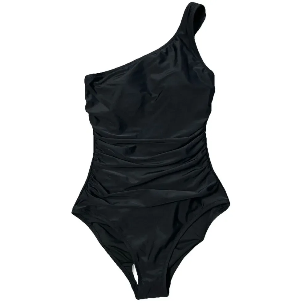 J Crew XS One-Shoulder Ruched One Piece Swimsuit Black High-cut‎ Full Coverage